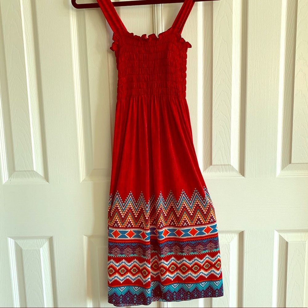 Red shirred maxi dress